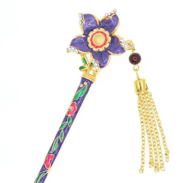 Enamel Cloisonne Floral Hair Stick with Rhinestones and Tassels