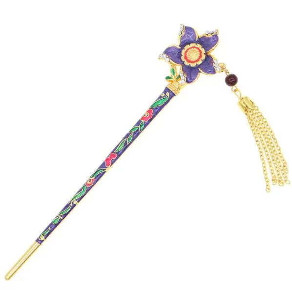 Enamel Cloisonne Floral Hair Stick with Rhinestones and Tassels