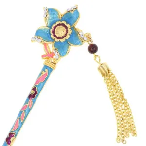 Enamel Cloisonne Floral Hair Stick with Rhinestones and Tassels