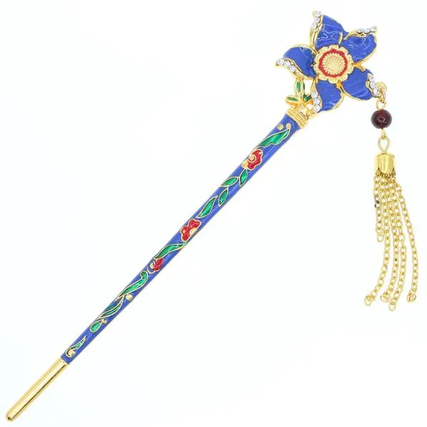 Enamel Cloisonne Floral Hair Stick with Rhinestones and Tassels