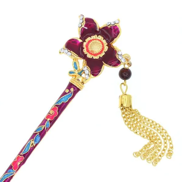 Enamel Cloisonne Floral Hair Stick with Rhinestones and Tassels