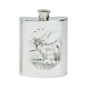 English Pewter Flask w/ Stag Scene