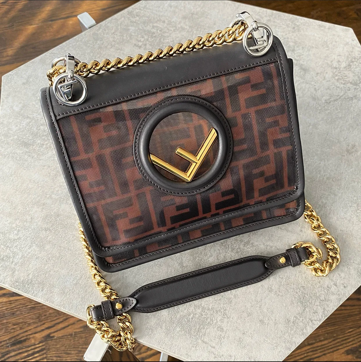 Fendi Kan I Zucca Logo Mesh Chain Strap Bag