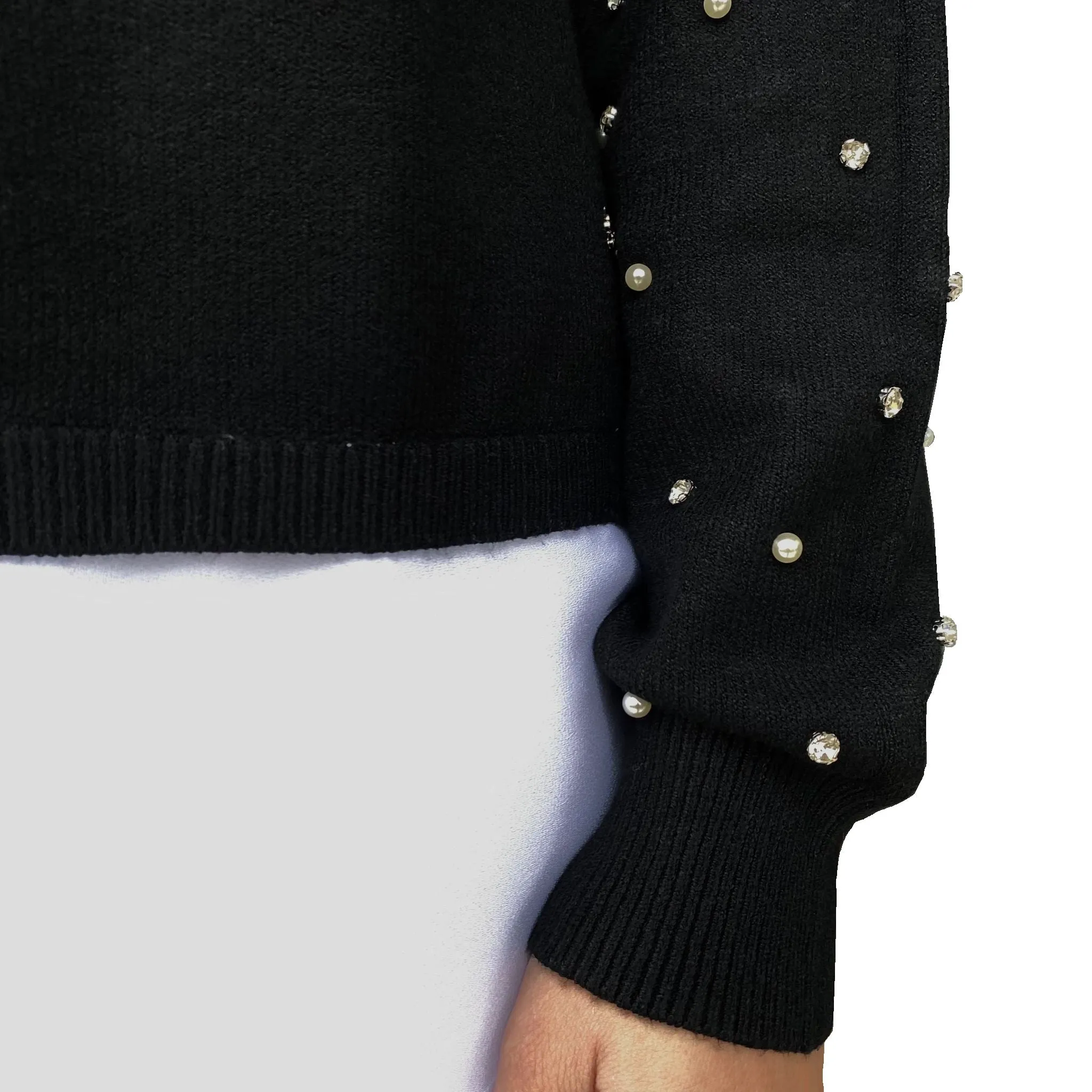 Fresh Flower maglia girocollo strass e perle alle maniche più giorgette FF443 nero