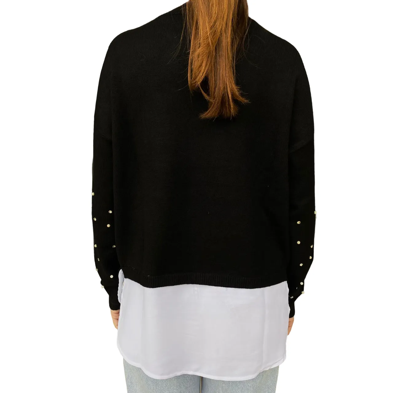 Fresh Flower maglia girocollo strass e perle alle maniche più giorgette FF443 nero