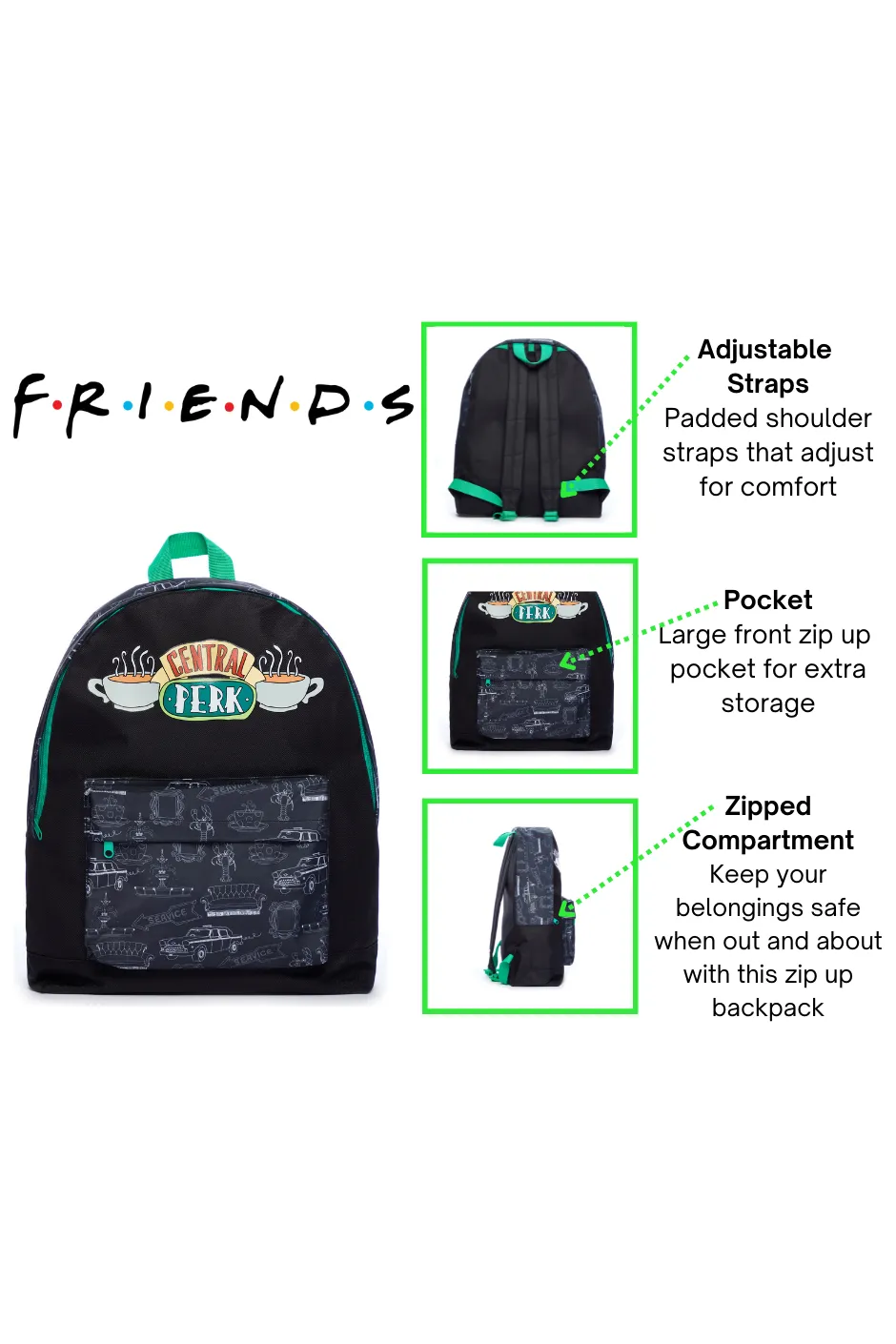 Friends Children's Women's New York City School Work Travel Bag Rucksack Backpack Fits A4 Files