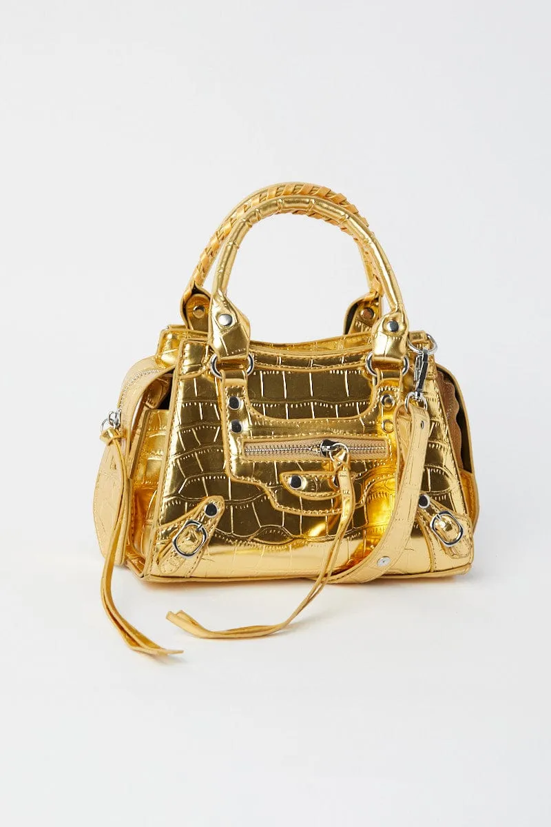 Gold Croc Top Handle Crossbody Bag