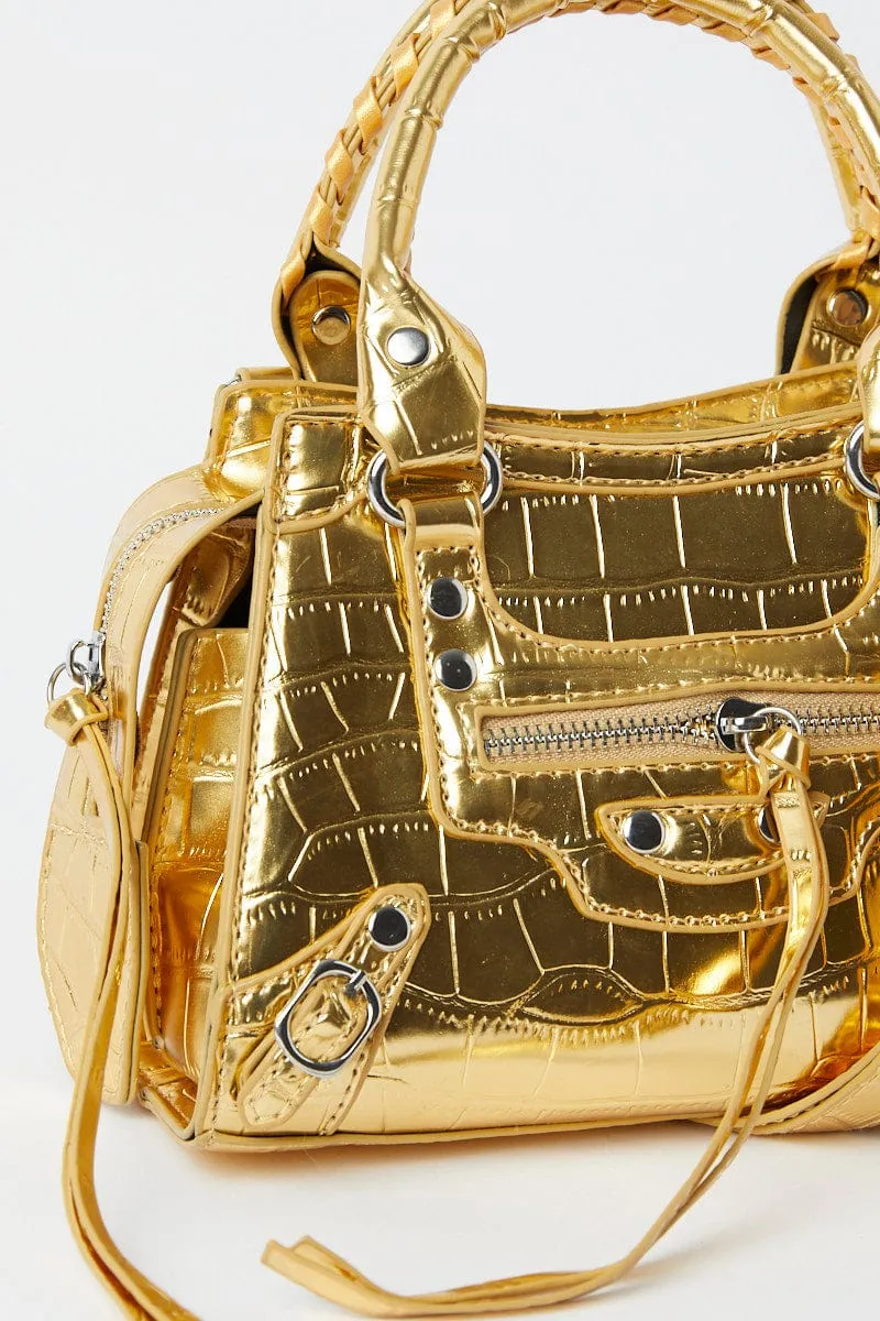 Gold Croc Top Handle Crossbody Bag
