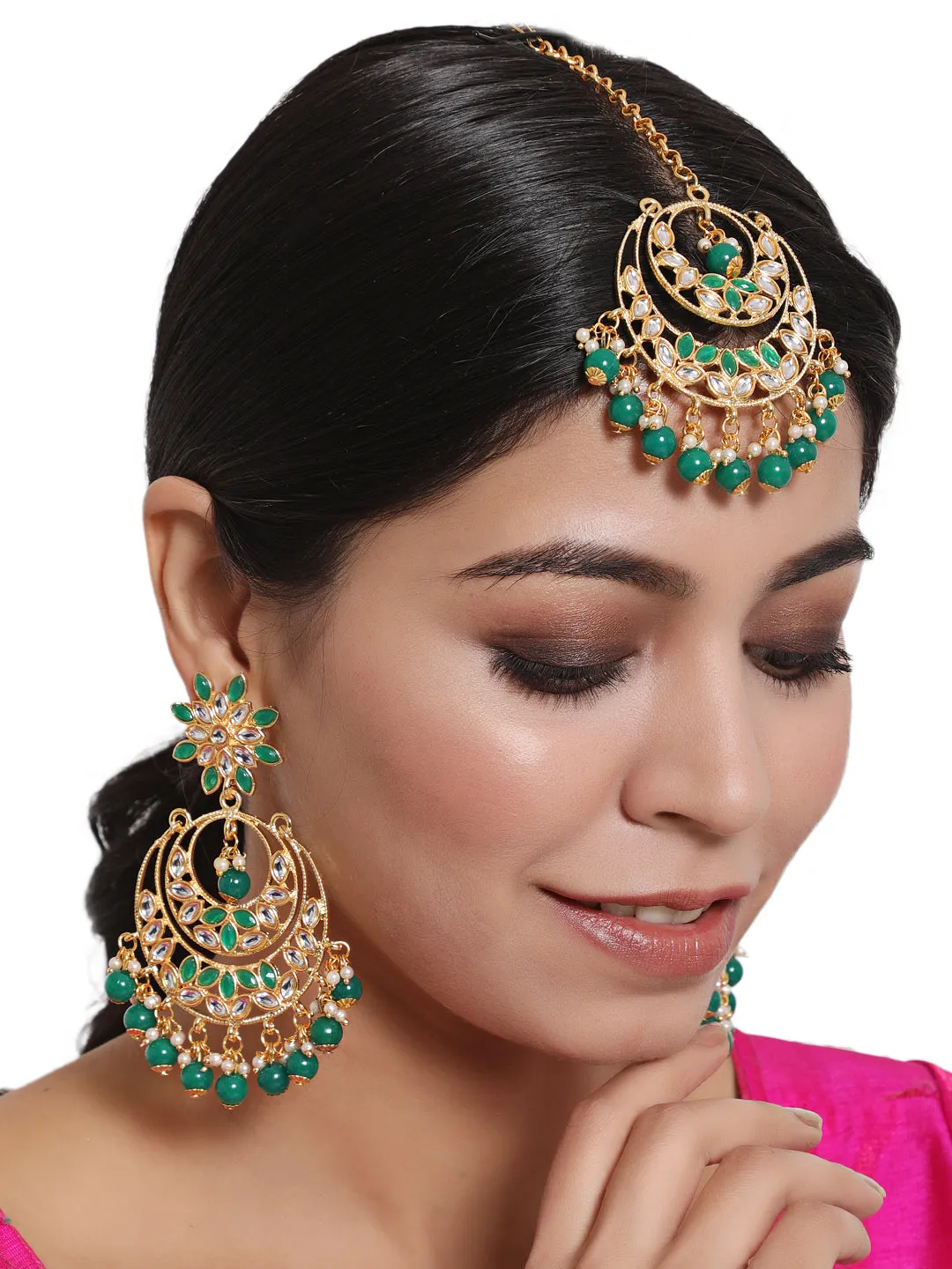 Gold-Toned Green & White Kundan Stone Studded & Pearls Beaded Traditional Maangtikka & Earrings Set