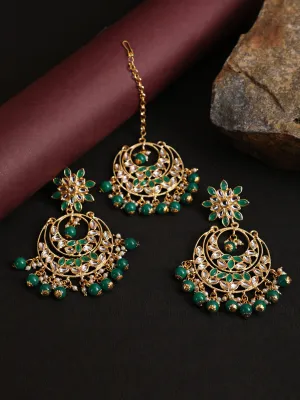 Gold-Toned Green & White Kundan Stone Studded & Pearls Beaded Traditional Maangtikka & Earrings Set