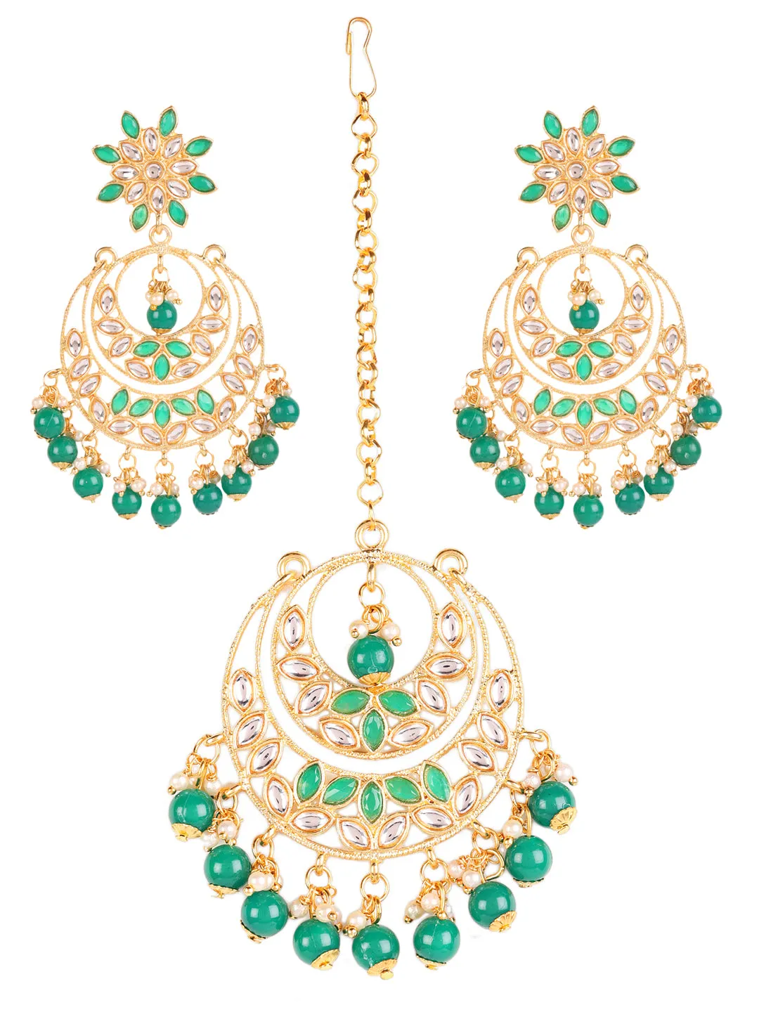 Gold-Toned Green & White Kundan Stone Studded & Pearls Beaded Traditional Maangtikka & Earrings Set