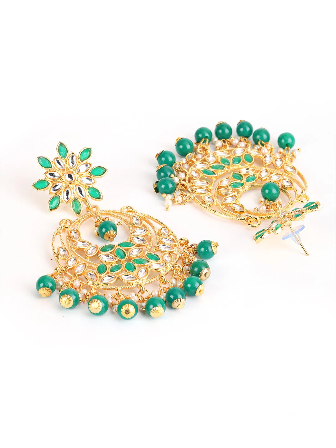 Gold-Toned Green & White Kundan Stone Studded & Pearls Beaded Traditional Maangtikka & Earrings Set