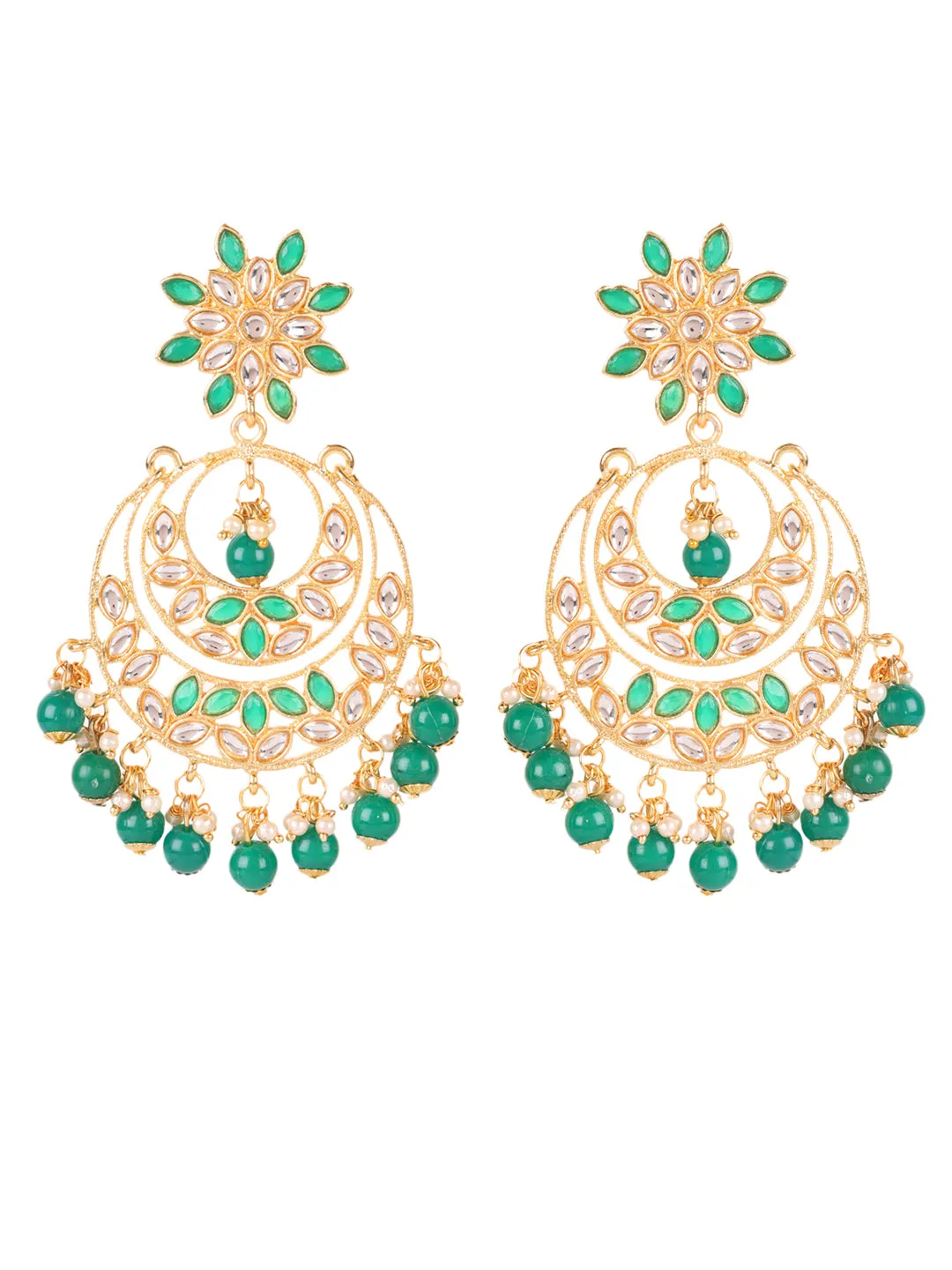 Gold-Toned Green & White Kundan Stone Studded & Pearls Beaded Traditional Maangtikka & Earrings Set