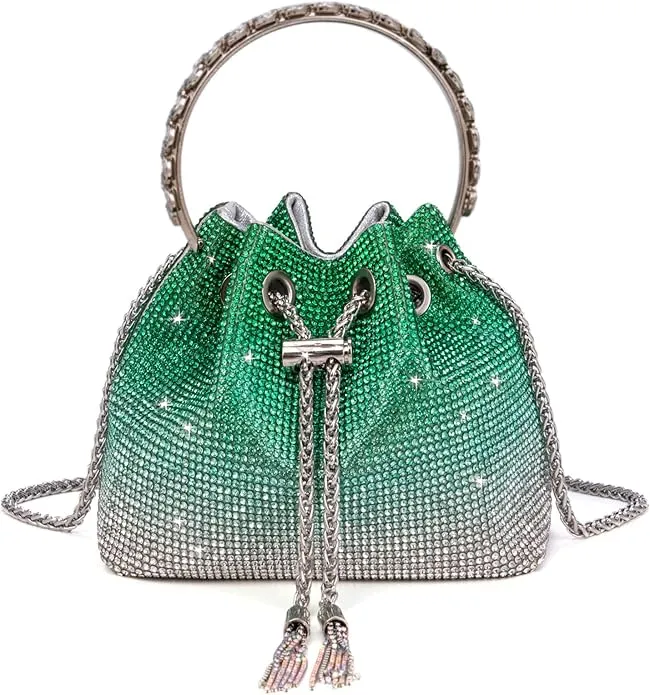 Green OceanBlue & Silver Diamante Bucket Handbag Rhinestone Clutch Purse Evening Wedding