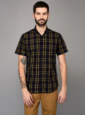 Greenfibre Blue & Yellow Checked Slim Fit Casual Shirt