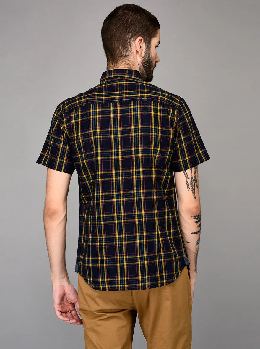 Greenfibre Blue & Yellow Checked Slim Fit Casual Shirt