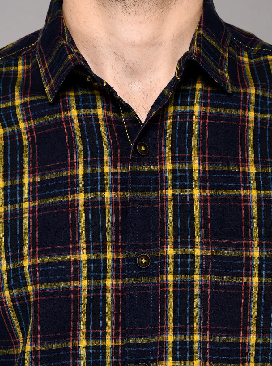 Greenfibre Blue & Yellow Checked Slim Fit Casual Shirt