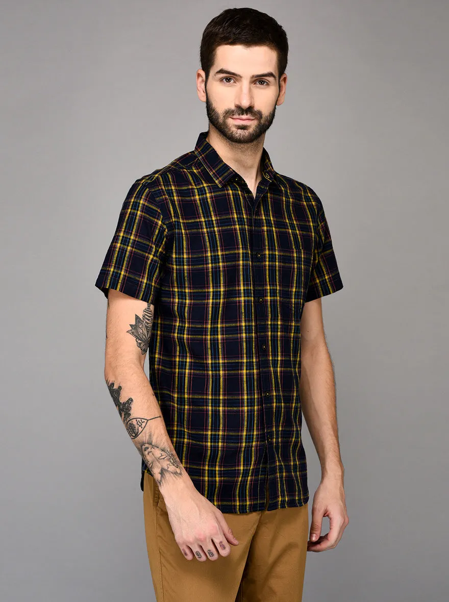 Greenfibre Blue & Yellow Checked Slim Fit Casual Shirt
