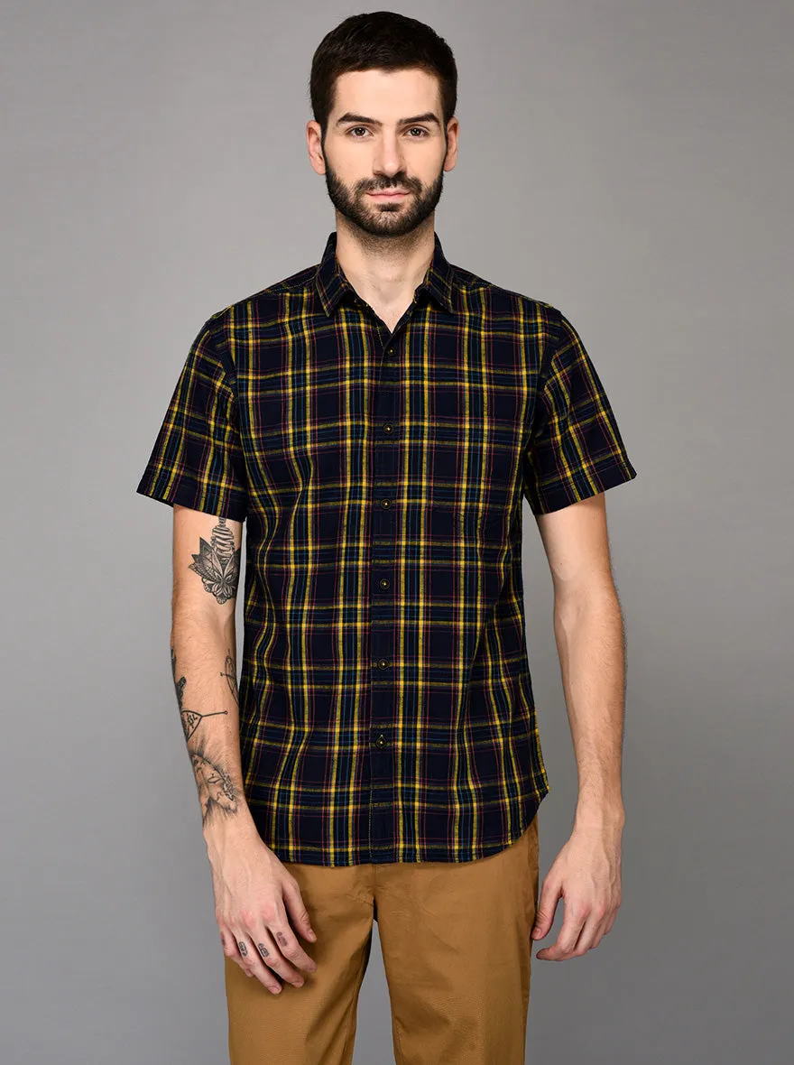 Greenfibre Blue & Yellow Checked Slim Fit Casual Shirt
