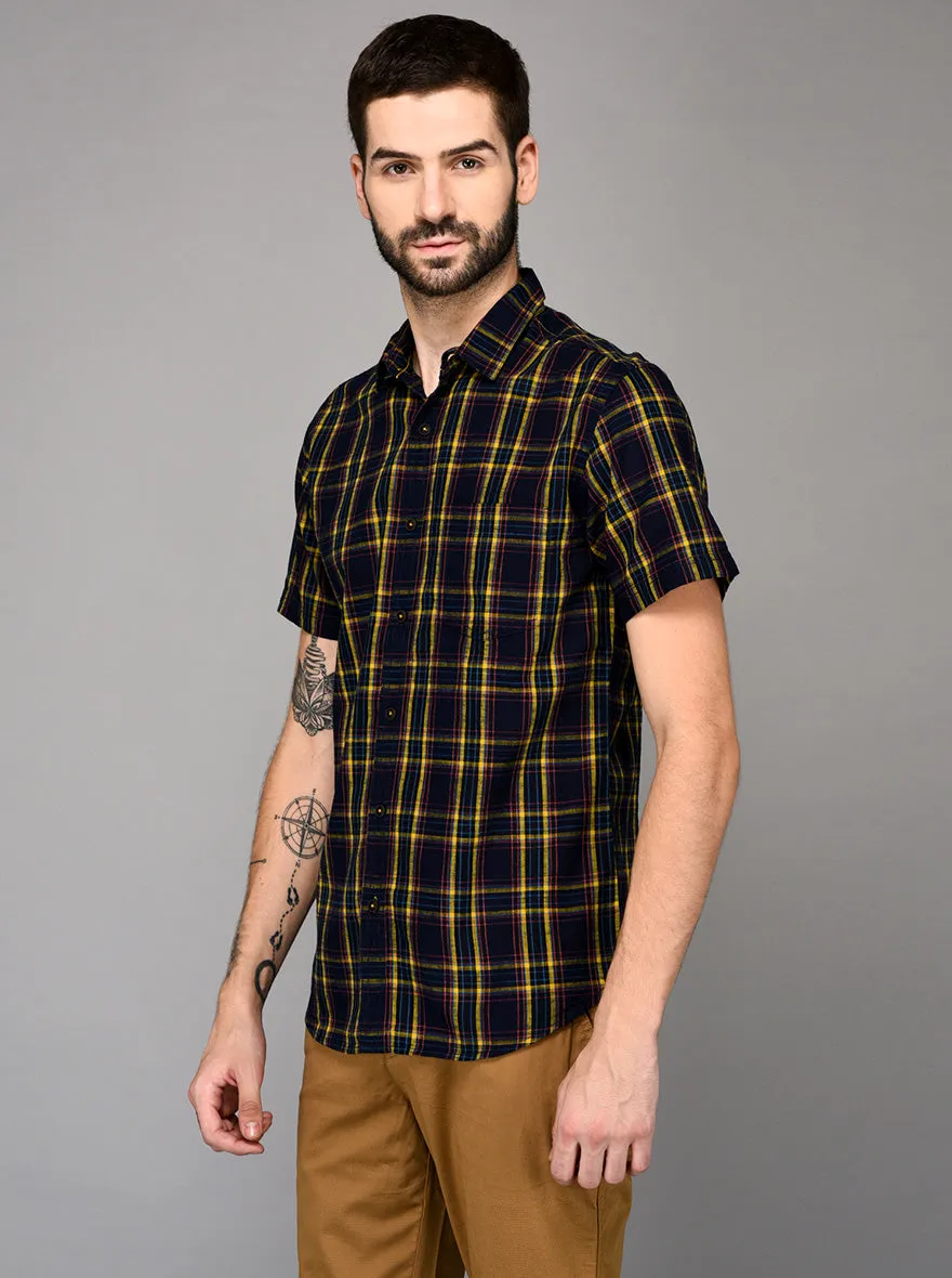 Greenfibre Blue & Yellow Checked Slim Fit Casual Shirt