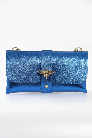 Halle - Italian Leather Clutch Bag - Royal Blue, Metallic