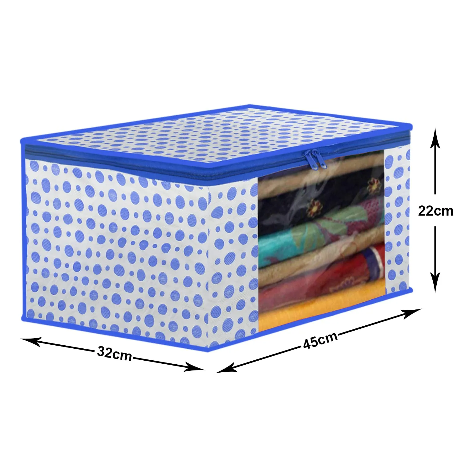 Heart Home Dot Printed Foldable, Lightweight Non-Woven Saree Cover/Organizer With Tranasparent Window- Pack of 2 (Blue)-46HH0491