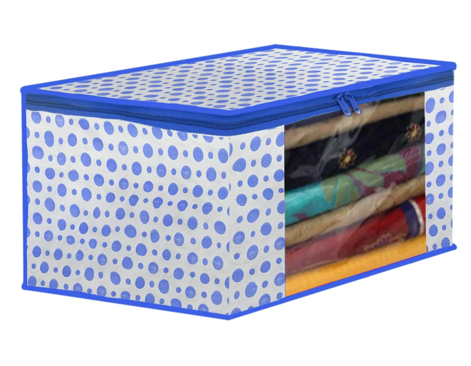Heart Home Dot Printed Foldable, Lightweight Non-Woven Saree Cover/Organizer With Tranasparent Window- Pack of 2 (Blue)-46HH0491