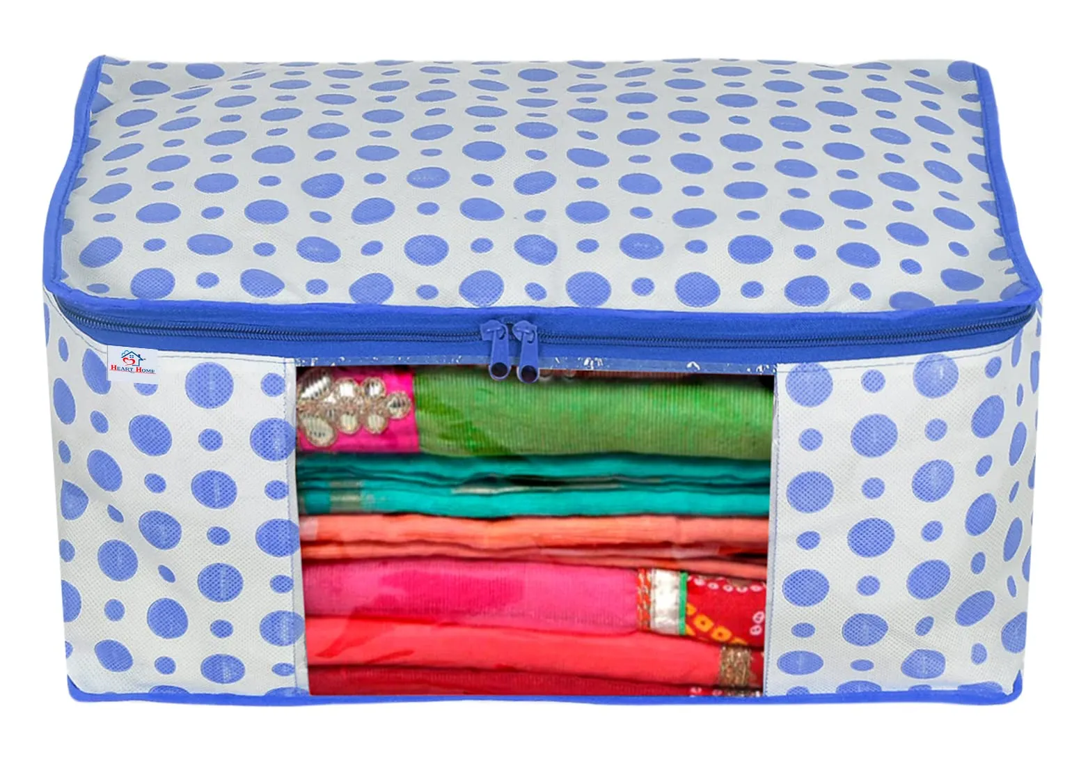 Heart Home Dot Printed Foldable, Lightweight Non-Woven Saree Cover/Organizer With Tranasparent Window- Pack of 2 (Blue)-46HH0491