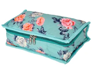 Heart Home Flower Printed Portable Cotton Jewellery Organizer/Case/Bag With 6 Transparent Pockets (Green)-50HH01206