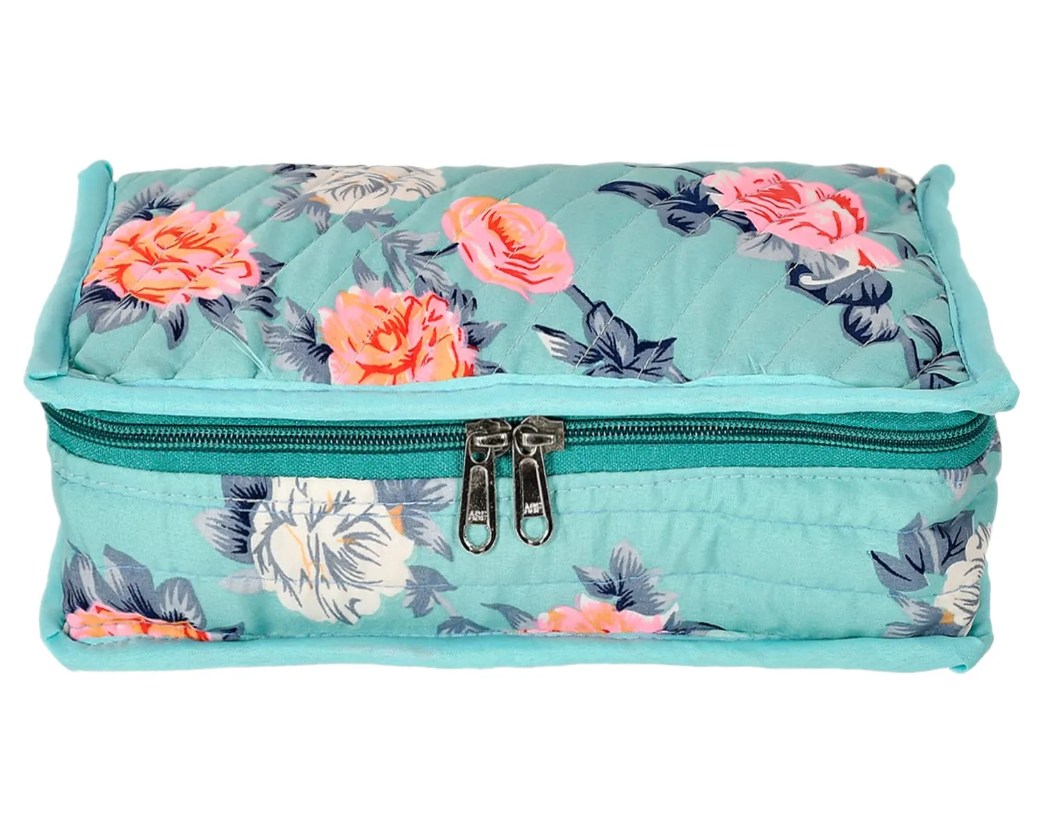 Heart Home Flower Printed Portable Cotton Jewellery Organizer/Case/Bag With 6 Transparent Pockets (Green)-50HH01206