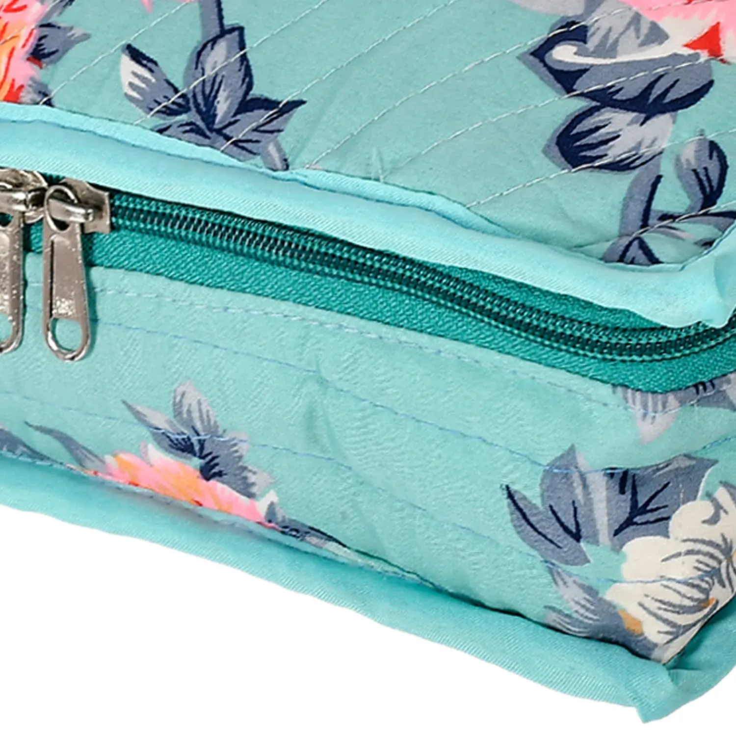 Heart Home Flower Printed Portable Cotton Jewellery Organizer/Case/Bag With 6 Transparent Pockets (Green)-50HH01206