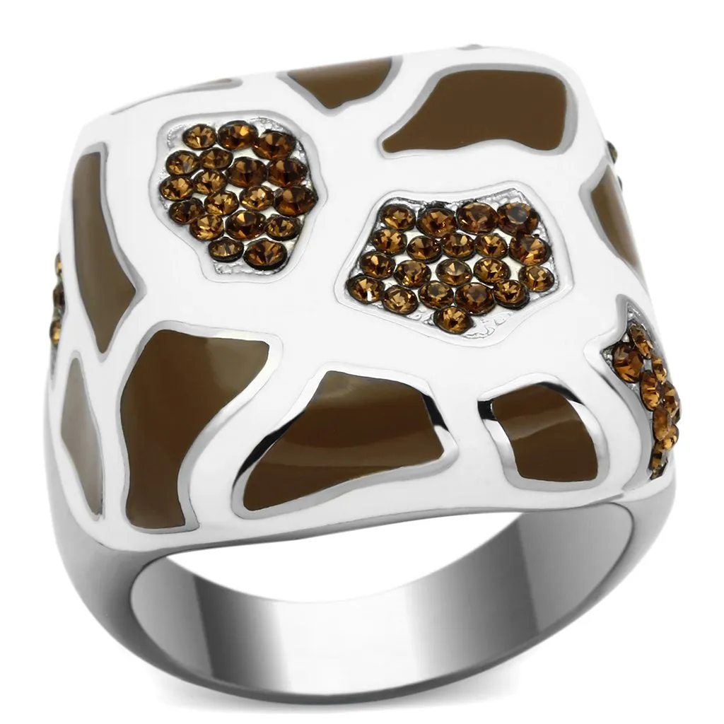 High polished (no plating) Stainless Steel Ring with Top Grade Crystal in Smoked Quartz for Women Style TK847