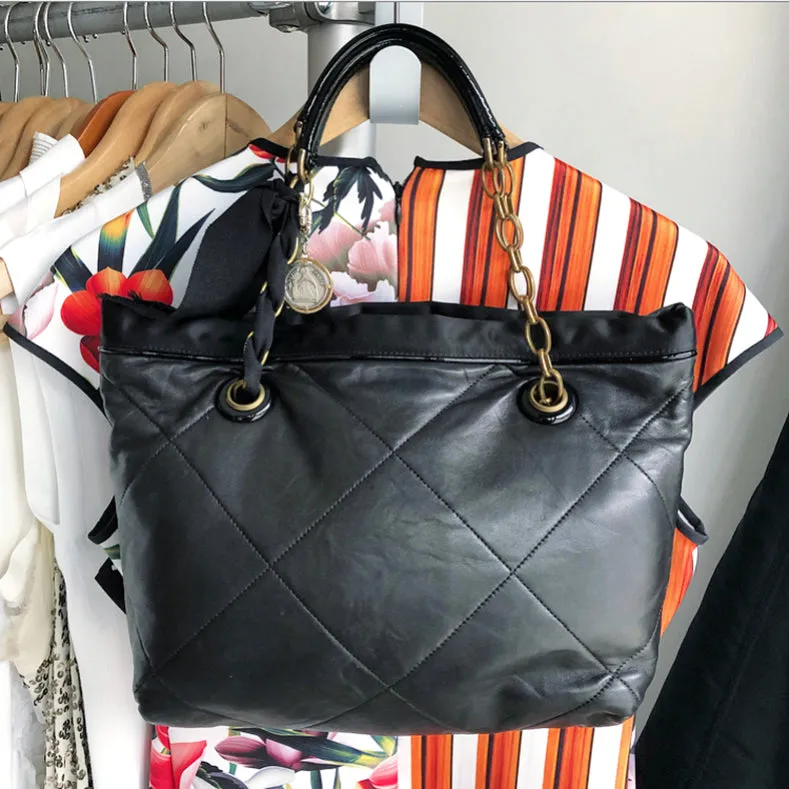 Lanvin Amalia Cabas Black Leather Chain Strap Medium Tote Bag
