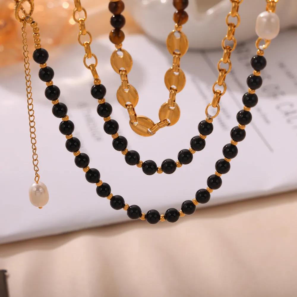 Luxurious Handmade Tiger's Eye and Pearl Beaded Necklace with Palace Style Titanium Steel Gold-Plating