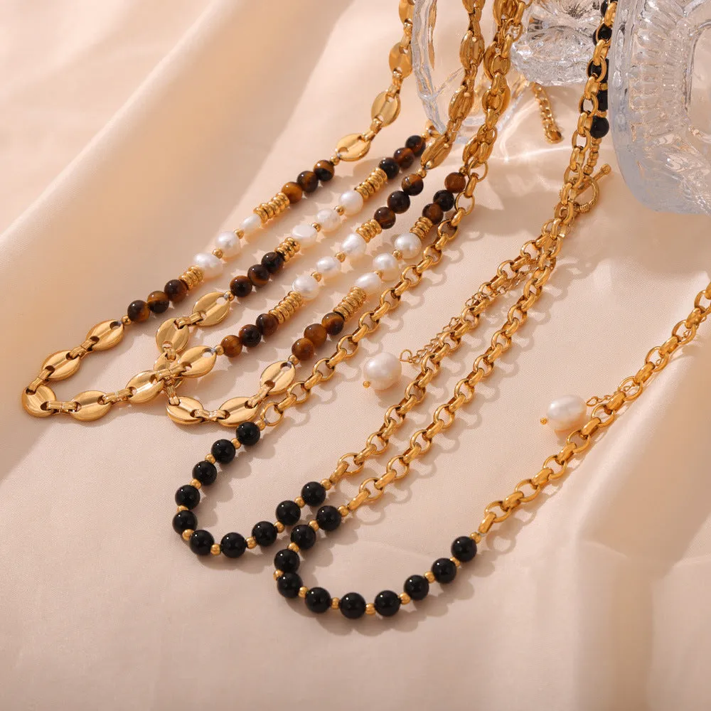 Luxurious Handmade Tiger's Eye and Pearl Beaded Necklace with Palace Style Titanium Steel Gold-Plating