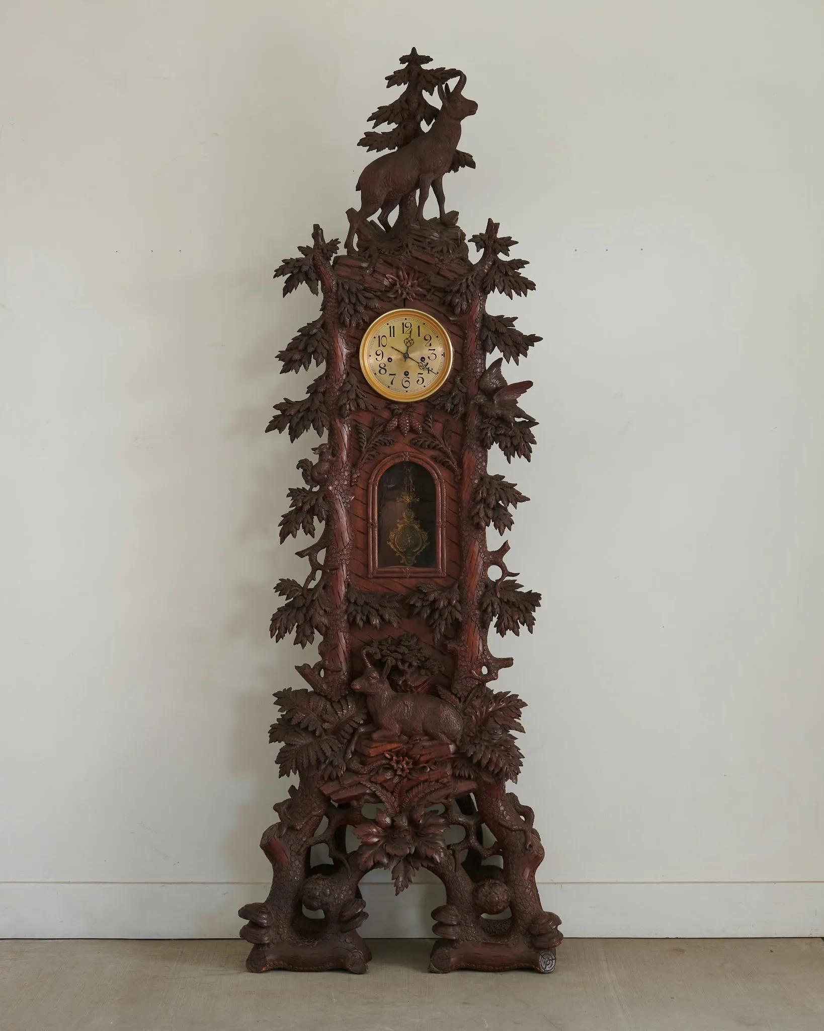 MAGNIFICENT BLACK FOREST CARVED WALNUT GRANDFATHER CLOCK
