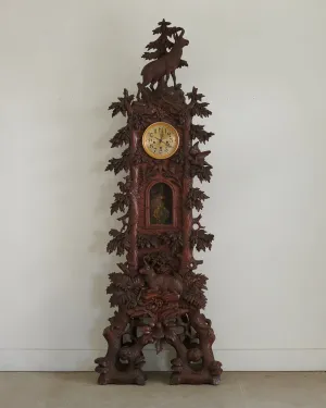 MAGNIFICENT BLACK FOREST CARVED WALNUT GRANDFATHER CLOCK