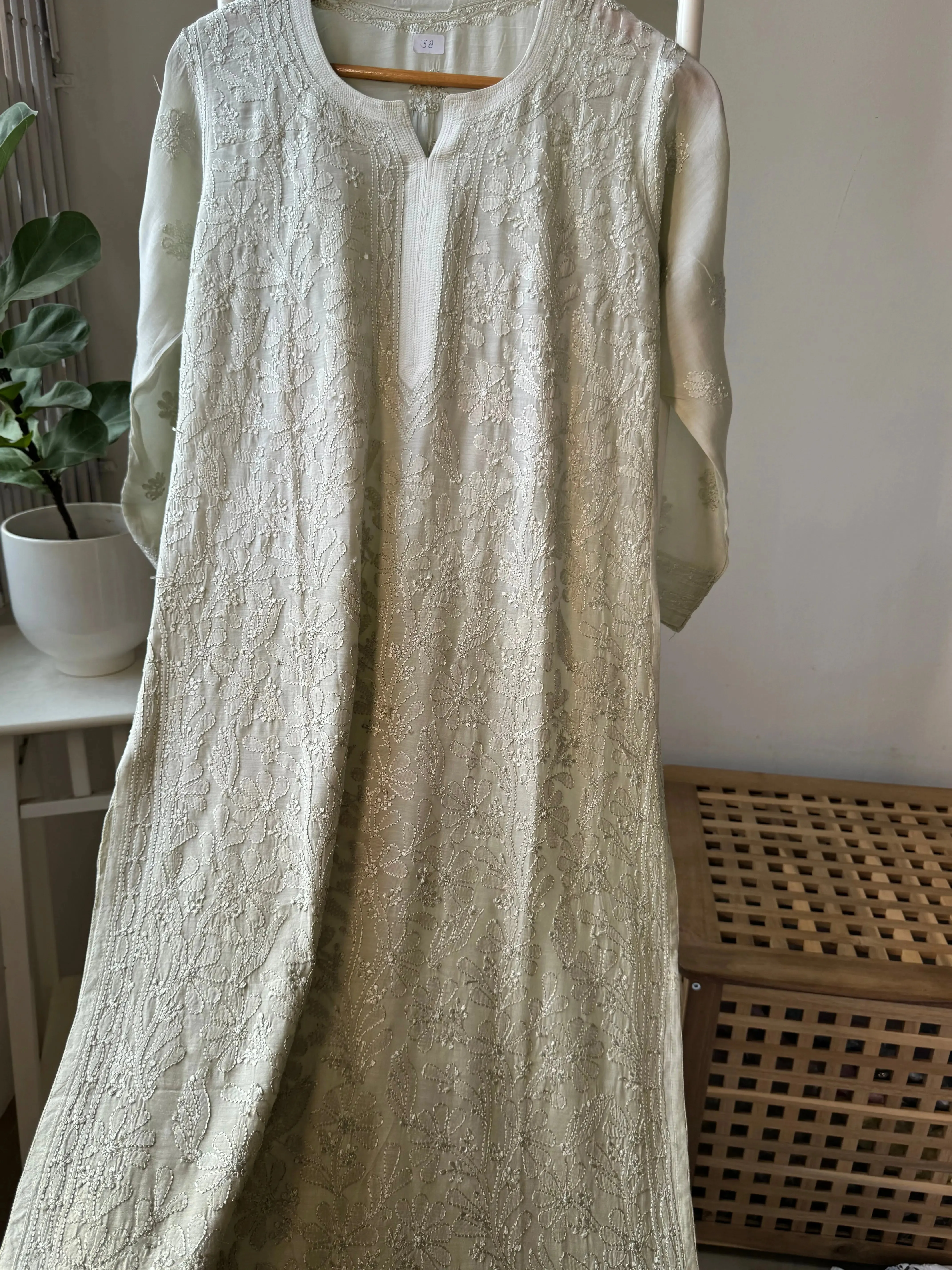 Muslin Chikankari Kurti - Pista Green Ombre