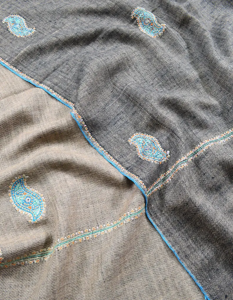 Natural Brown And Mettalic Grey Embroidery Pashmina Shawl 7140