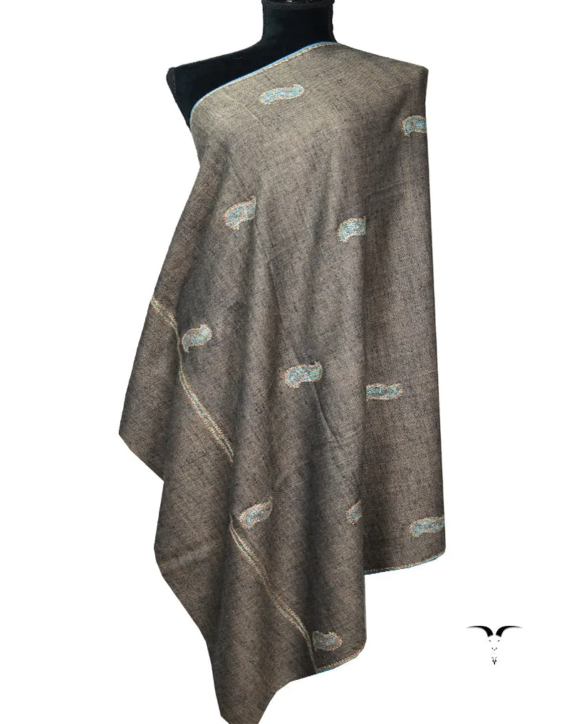 Natural Brown And Mettalic Grey Embroidery Pashmina Shawl 7140