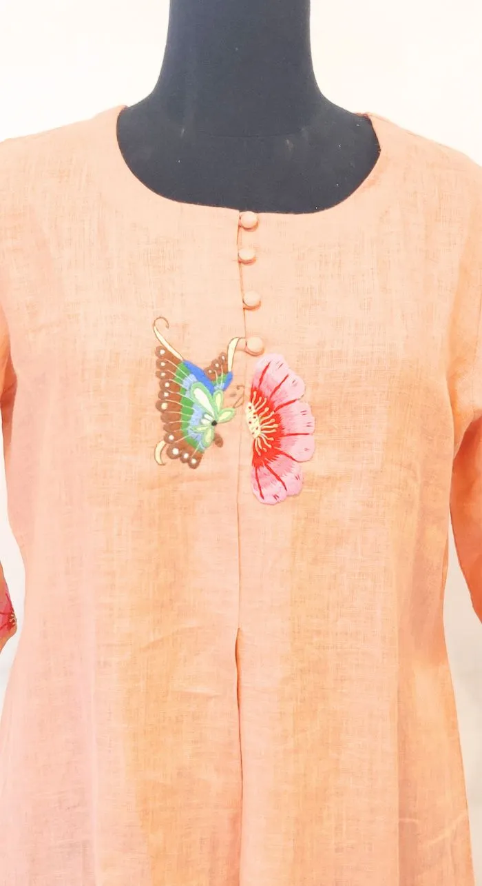 Orange Fancy Linen Hand Work Kurta