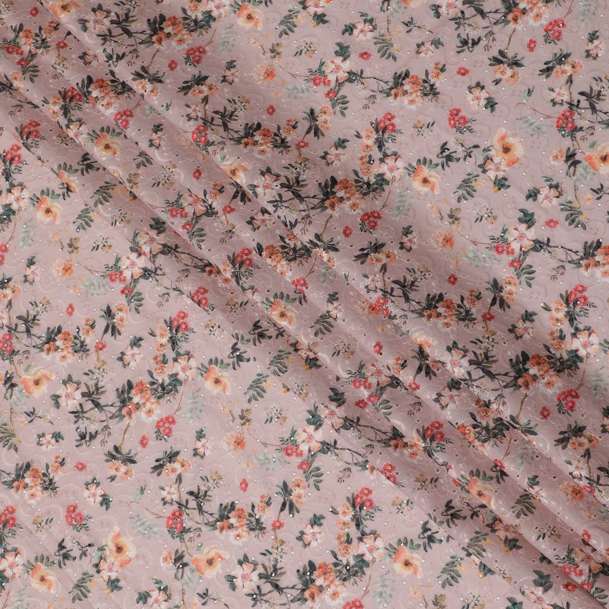 Peach Floral Embroidered Cotton Lawn Fabric - 110 cm Width, India-D19948