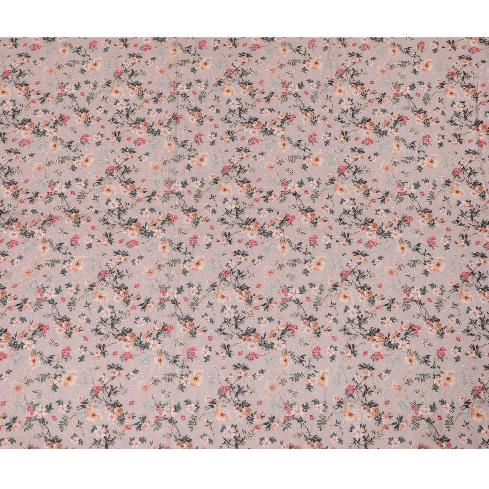 Peach Floral Embroidered Cotton Lawn Fabric - 110 cm Width, India-D19948