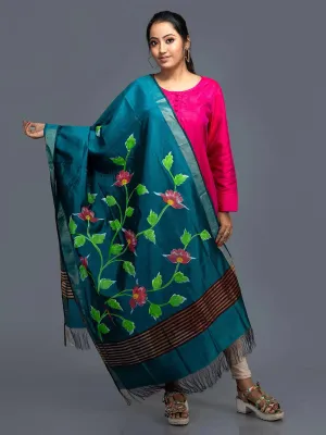 Persian Blue Hand Painted Bishnupuri Katan Silk Dupatta