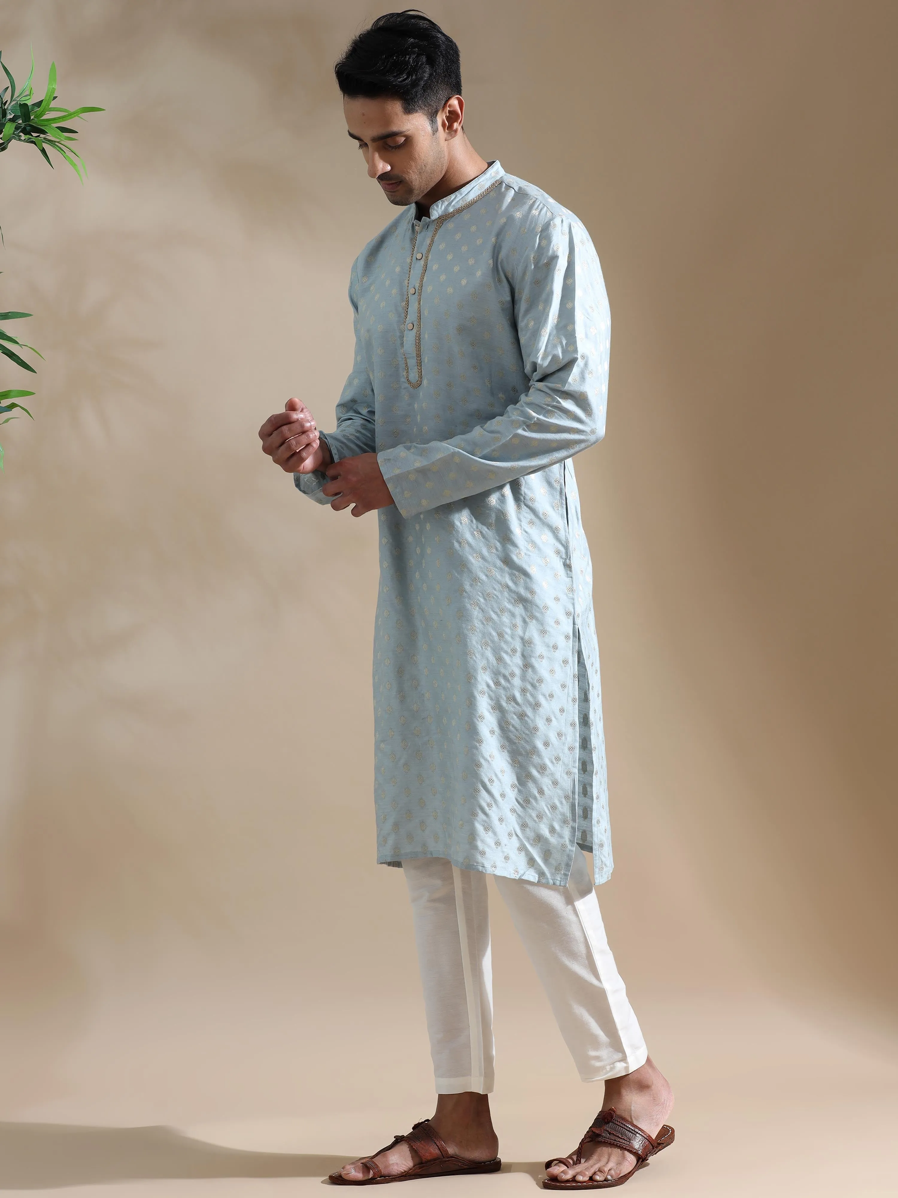 Powder Blue Traditional Motif Banarasi Long Kurta