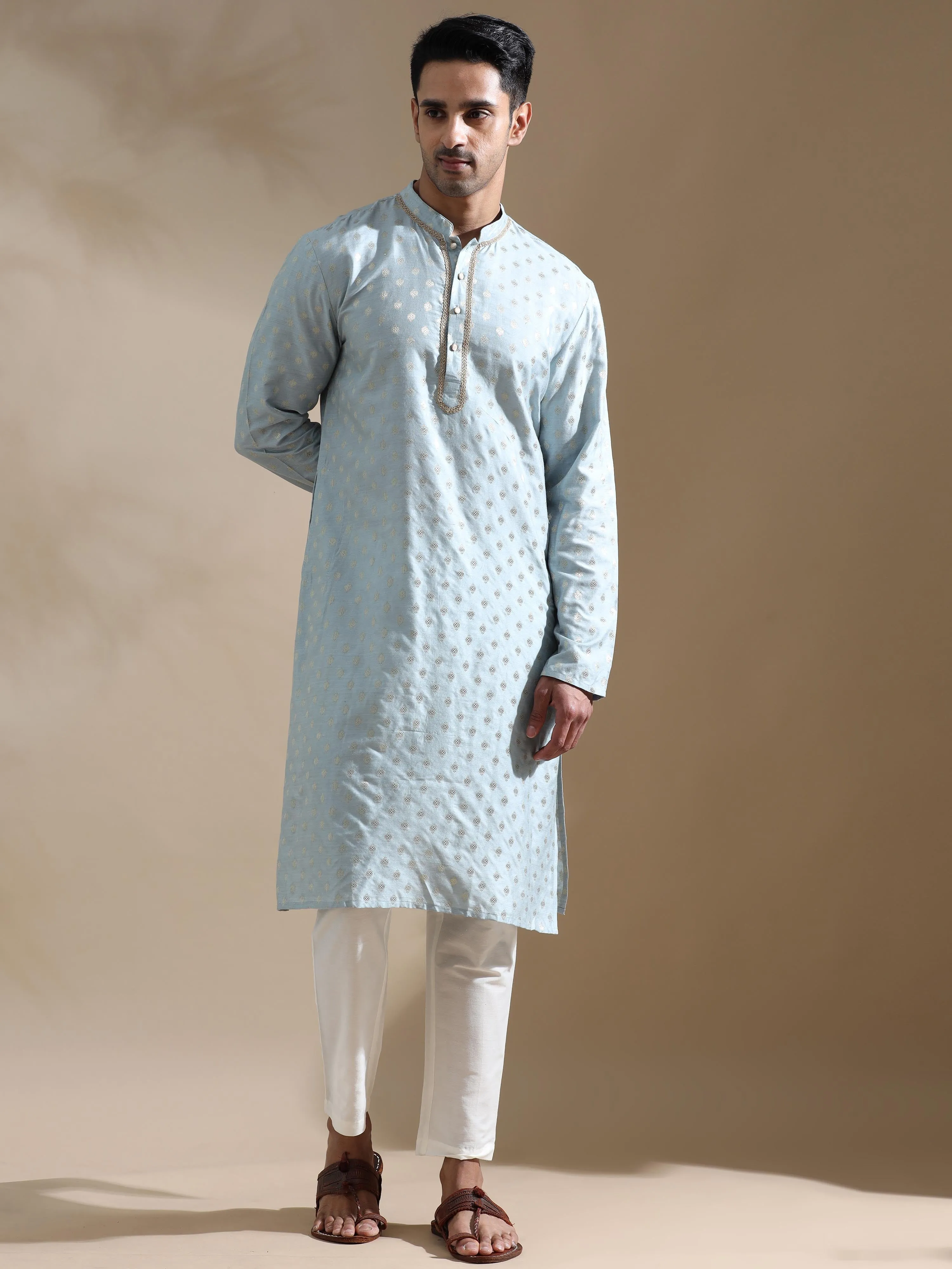 Powder Blue Traditional Motif Banarasi Long Kurta