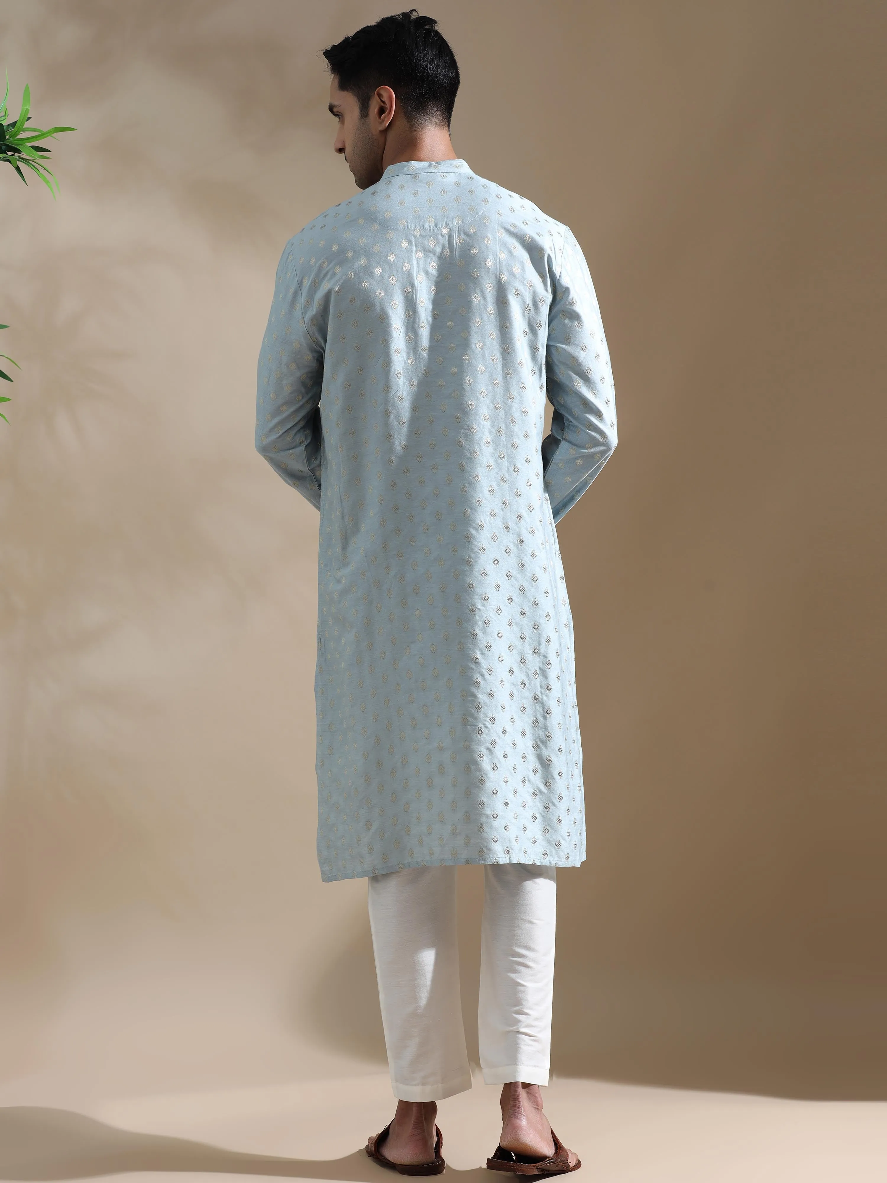 Powder Blue Traditional Motif Banarasi Long Kurta