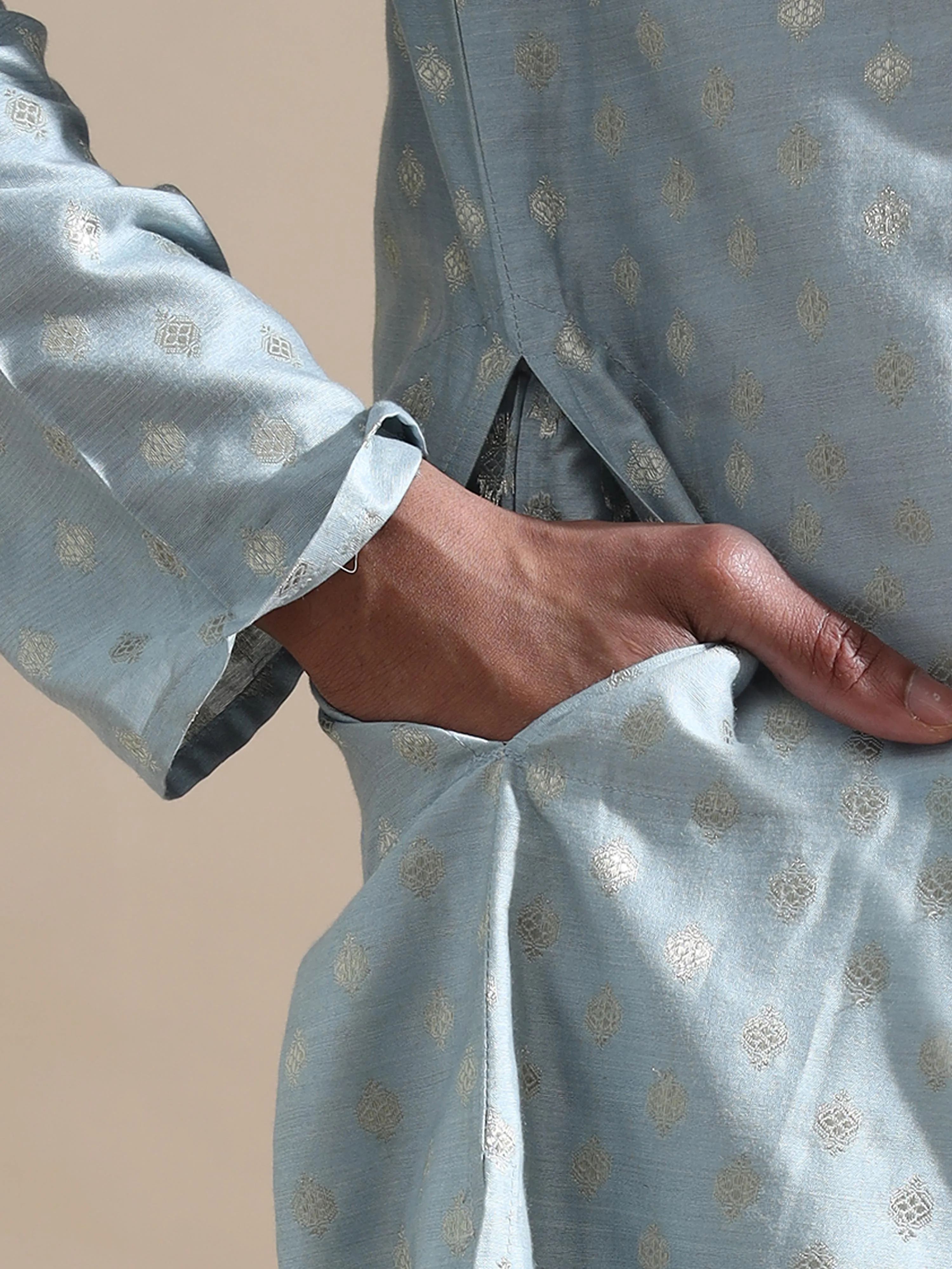 Powder Blue Traditional Motif Banarasi Long Kurta
