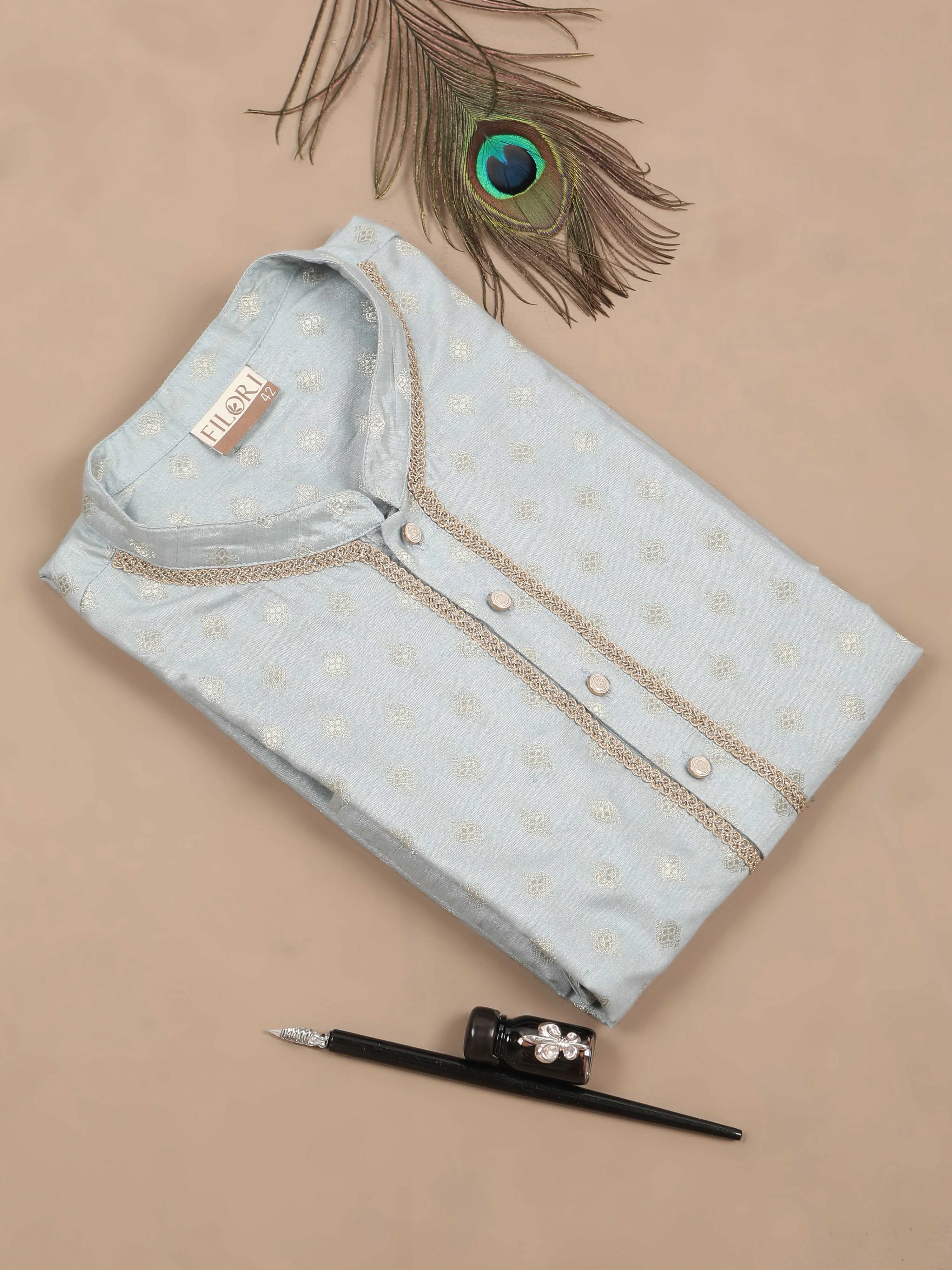 Powder Blue Traditional Motif Banarasi Long Kurta
