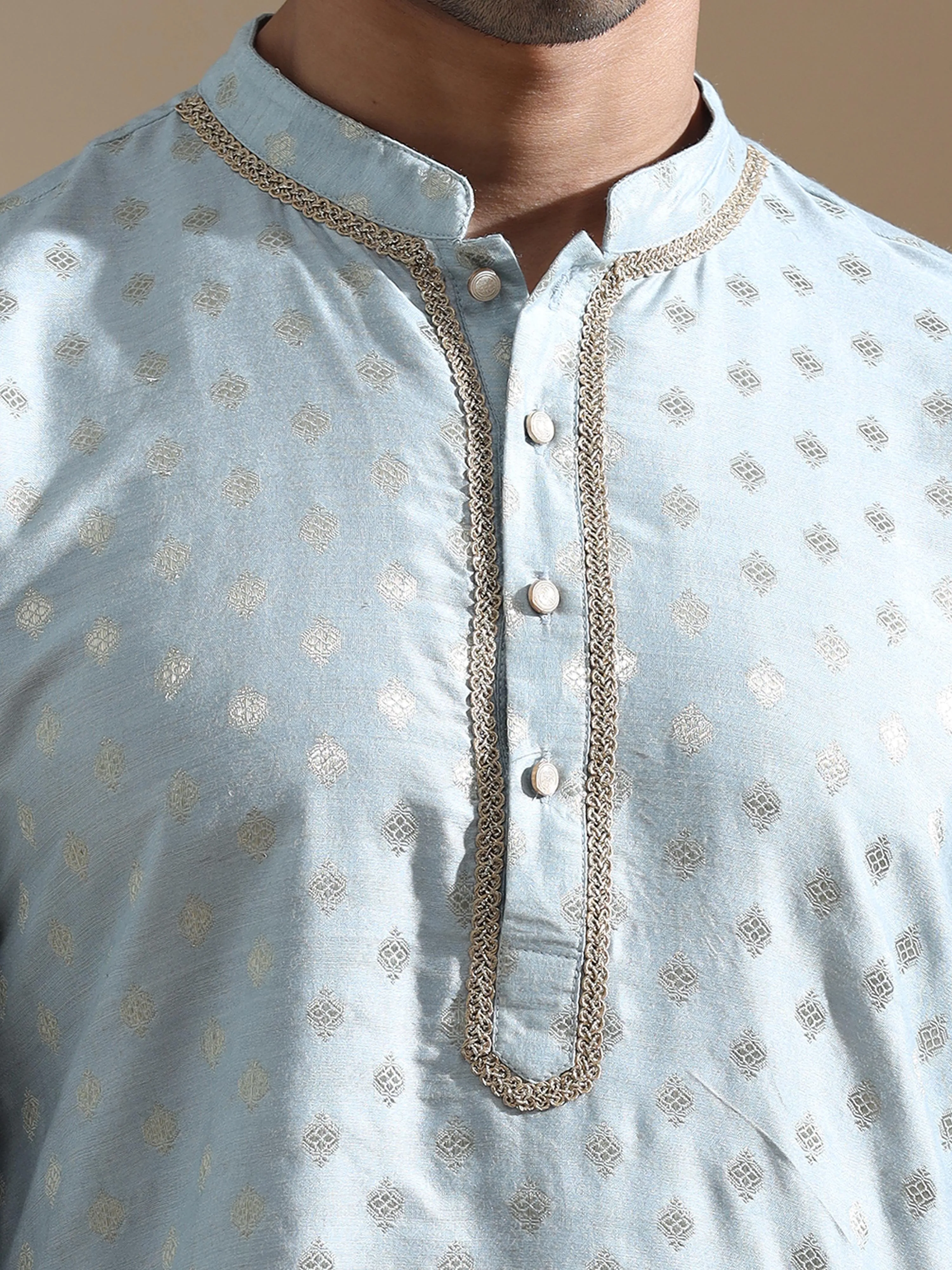 Powder Blue Traditional Motif Banarasi Long Kurta